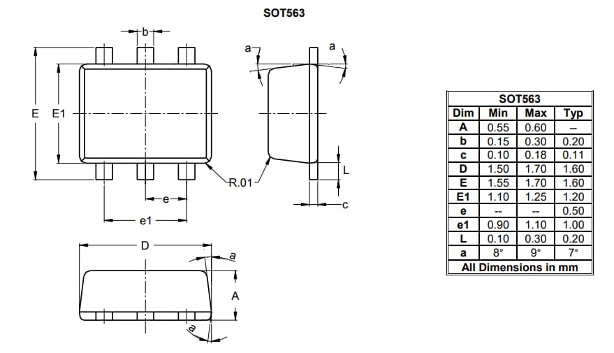 Plan mécanique - Diodes Incorporated MOSFET à mode d'amélioration à canal N DMN52D0UV